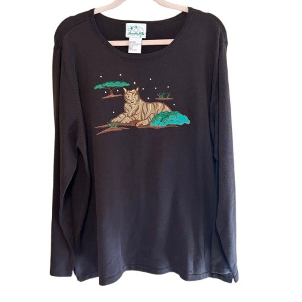 VTG 90s Quacker Factory Tiger Applique Embroidered Top Womens Size 1X Brown
